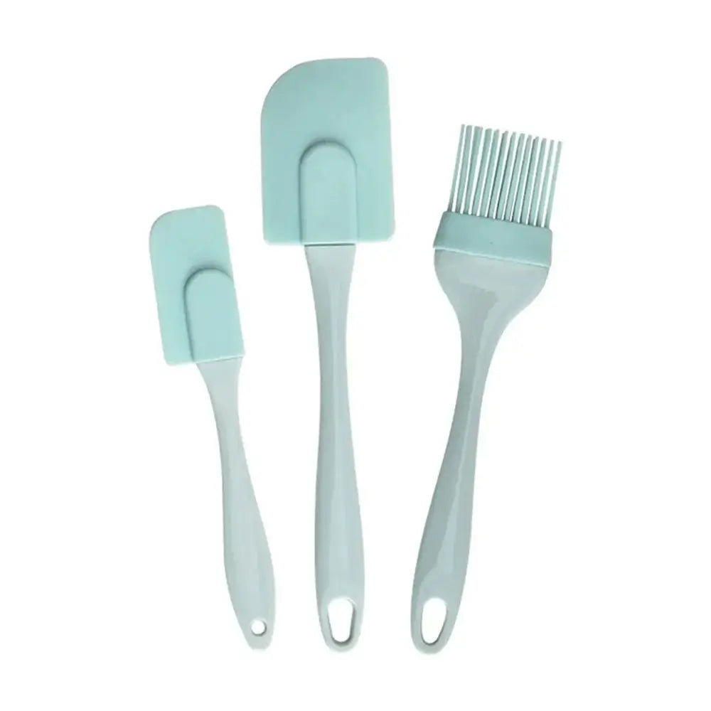 Set of three silicone kitchen utensils with light blue handles on a white background.