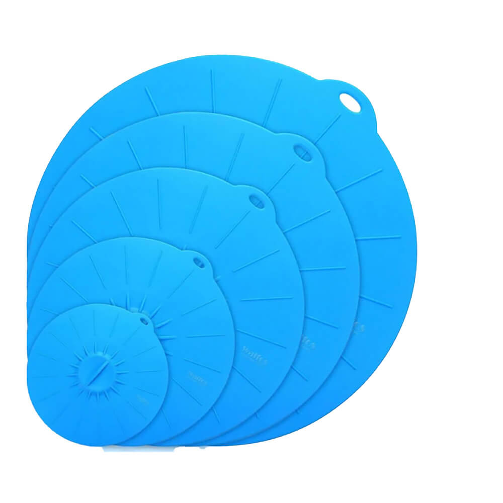 Silicone lids in a nested set of five blue covers for pans, pots, and bowls.