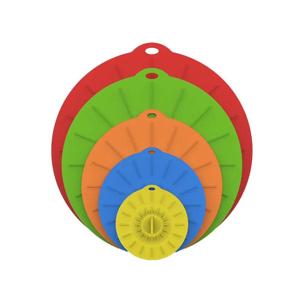 Stacked colorful round silicone lids in graduated sizes, flexible reusable covers with tabs, isolated on white background.