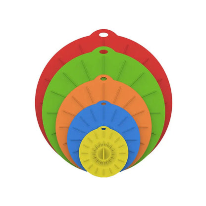 Stacked colorful round silicone lids in graduated sizes, flexible reusable covers with tabs, isolated on white background.