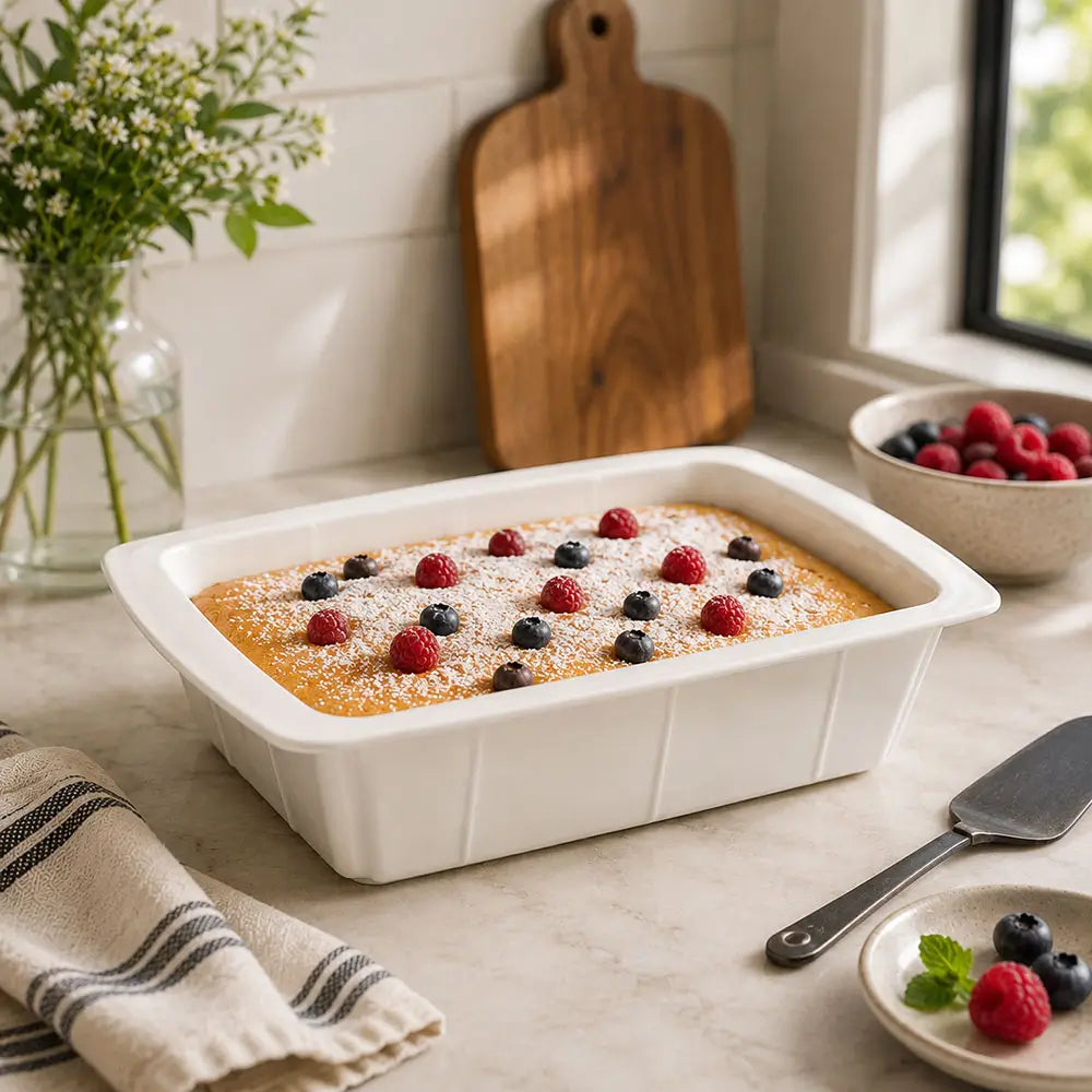 Silicone loaf pans filled with a baked cake topped with berries on a kitchen countertop beside serving and baking accessories.