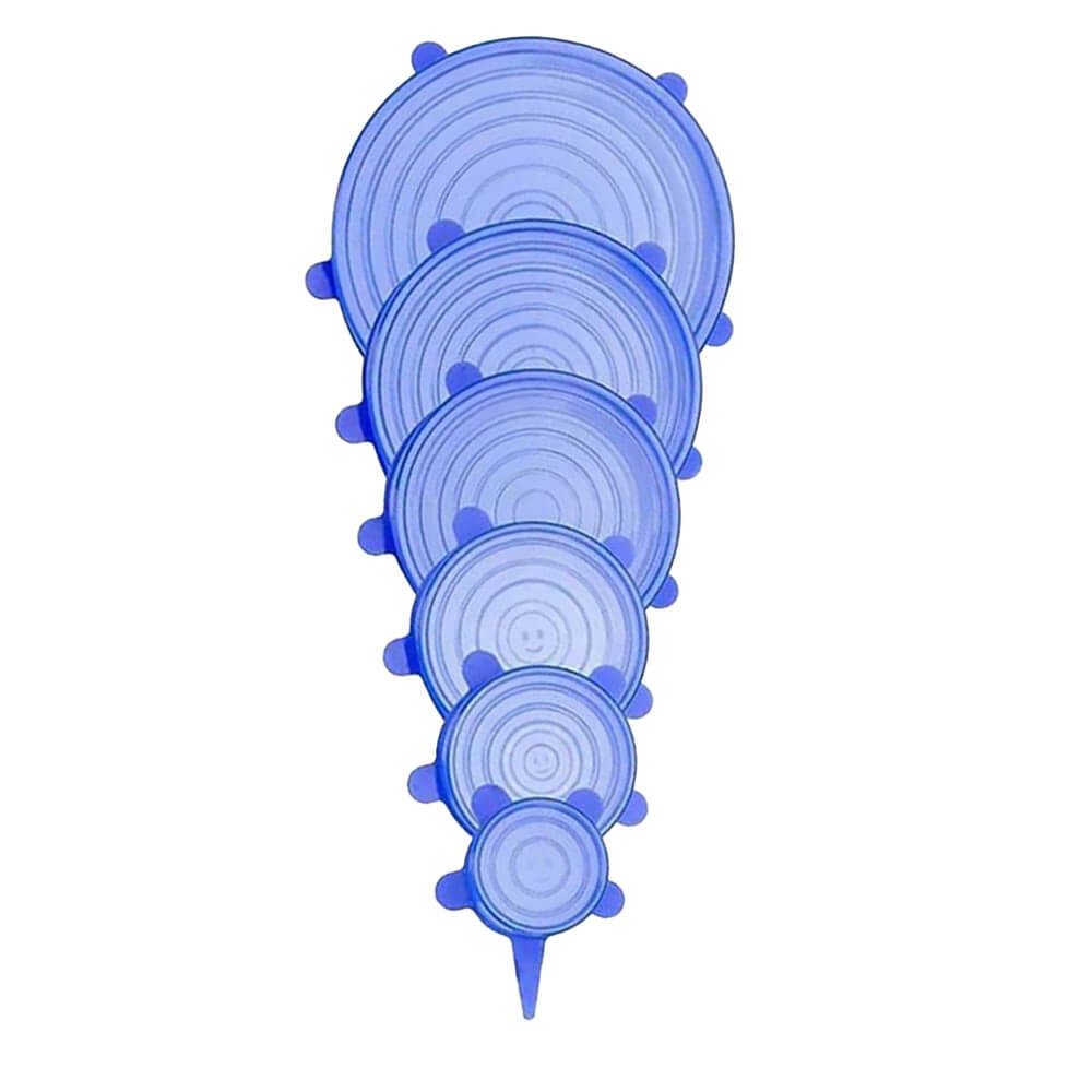 Set of six blue silicone stretch lids in various sizes, designed with circular ridges and small tabs for easy sealing on containers.