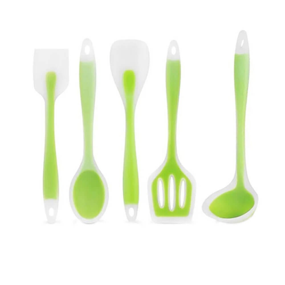 A vibrant green and white silicone utensils set displayed against a white background. The set includes five essential kitchen tools: a silicone spatula, a silicone mixing spoon, a silicone spoonula (spoon and spatula combo), a silicone slotted turner, and a silicone ladle. Each utensil features a seamless design with ergonomic handles for a comfortable grip, showcasing the durable and heat-resistant silicone material.