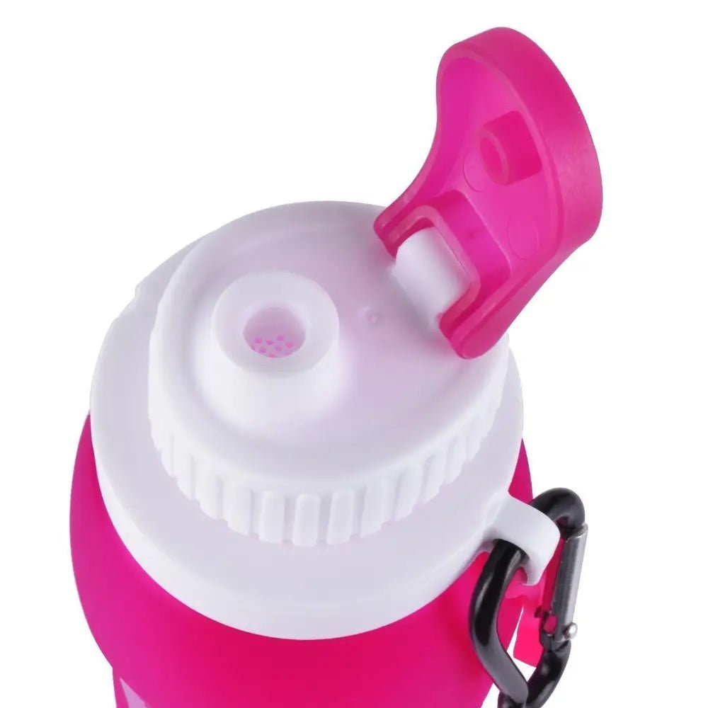 Close-up of pink silicone collapsible water bottle with white cap, open lid, and black carabiner attached for easy carrying