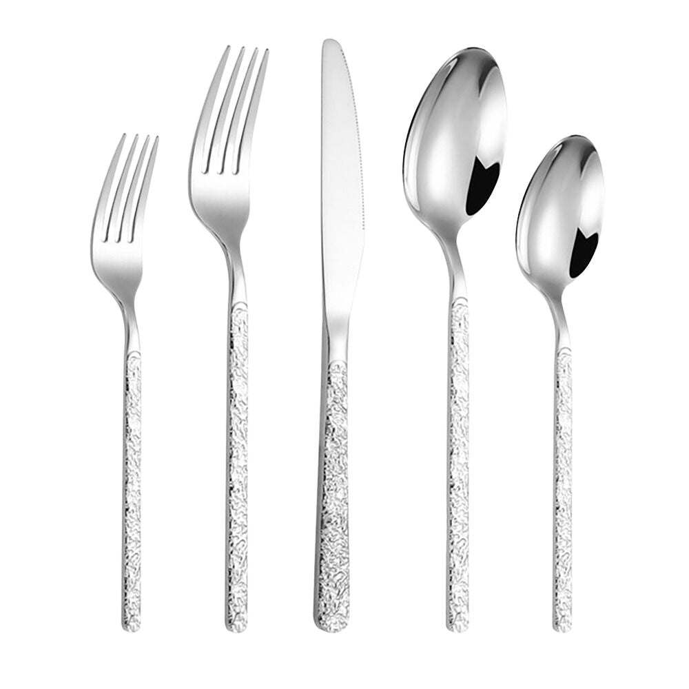 Silver plated flatware, 5 pieces: includes dinner fork, salad fork, dinner knife, soup spoon, and teaspoon.