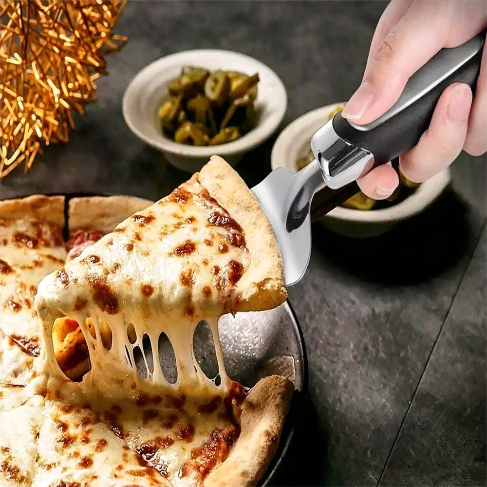 Silver plated pastry server effortlessly gliding under a pizza.