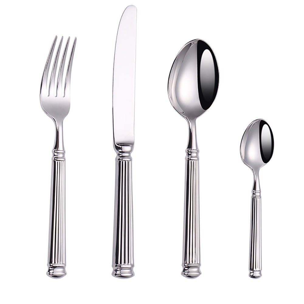 Premium silverware sets: dinner fork, knife, soup spoon, and teaspoon crafted for elegant dining experiences.