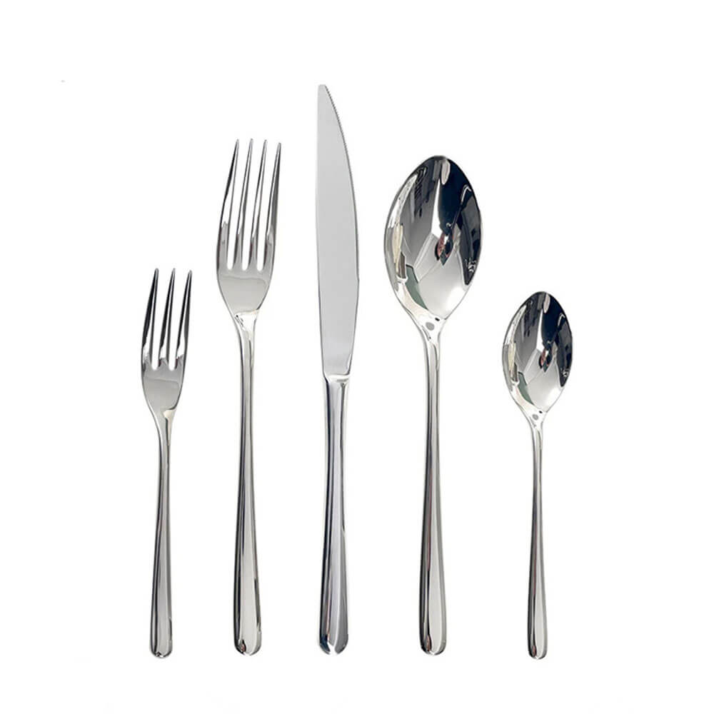 Silverware sets with two forks, knife, tablespoon, and teaspoon made of polished stainless steel on white background.