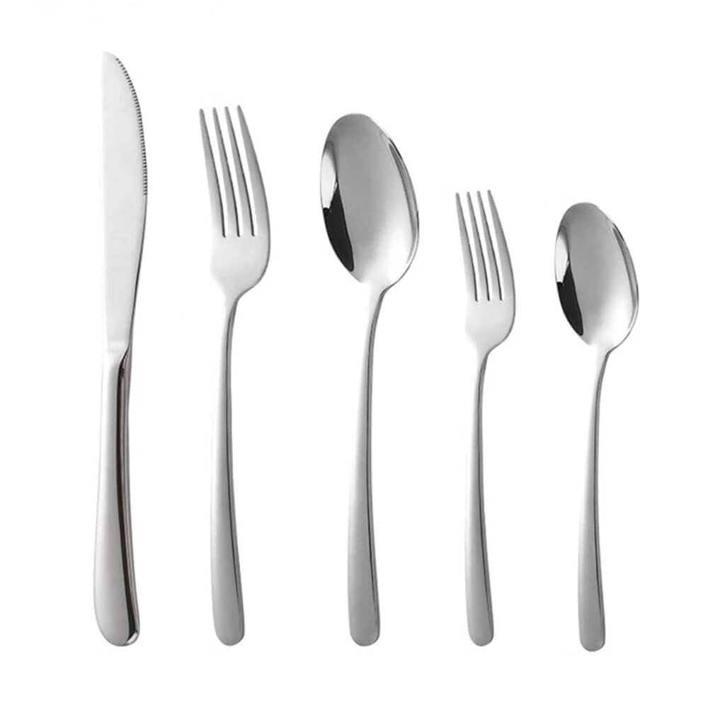 A clean and simple arrangement of five pieces of silverware, including a knife, two forks, and two spoons, displayed against a plain white background. Each piece has a sleek, modern design with smooth, slightly curved handles and a polished mirror finish, emphasizing their refined and minimalist aesthetic.