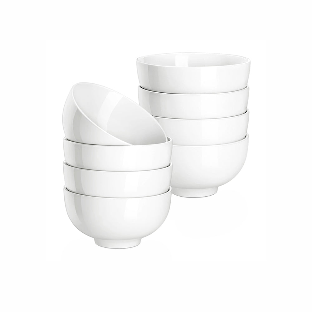 Set of eight white snack bowls, perfect for serving nuts, olives, gummy bears, sauces, and toppings.