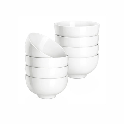 Set of eight white snack bowls, perfect for serving nuts, olives, gummy bears, sauces, and toppings.