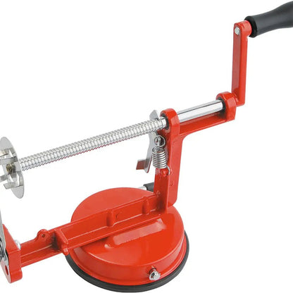 Red spiral potato cutter with a suction base, crank handle, and stainless steel blade for slicing potatoes into spirals.