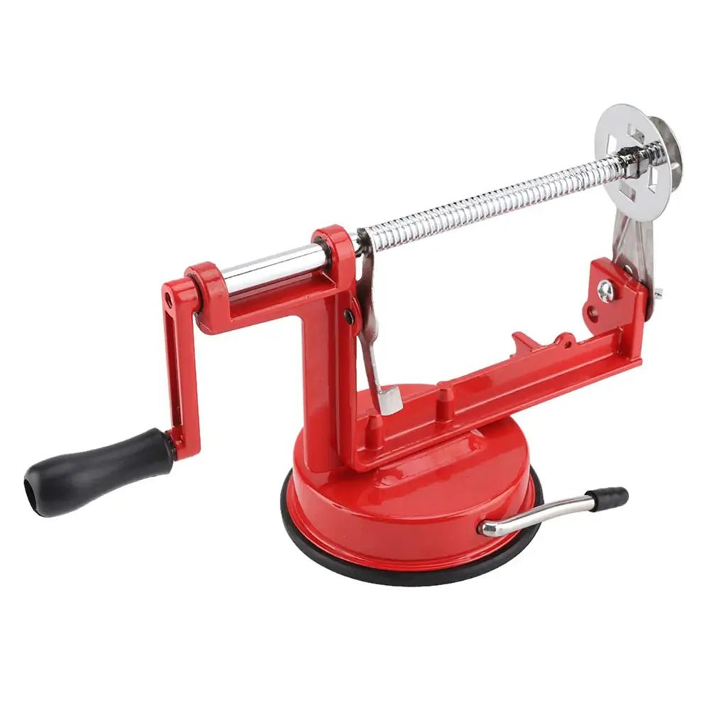 Red spiralizer with peel core and slice, featuring a hand crank, suction base, and stainless steel blade for cutting.