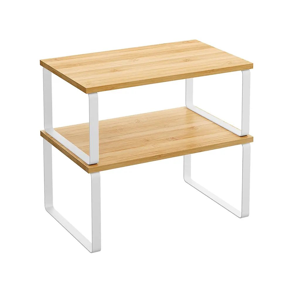 Wooden kitchen racks with white metal legs on a white background.