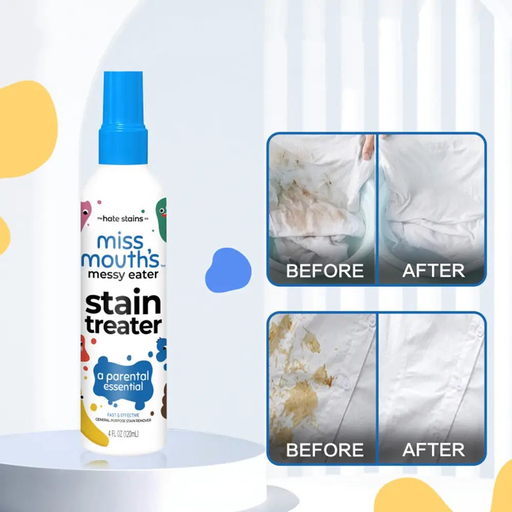 Stain remover spray for clothes with blue cap shown beside before and after images of white fabric cleaned from food and dirt stains.