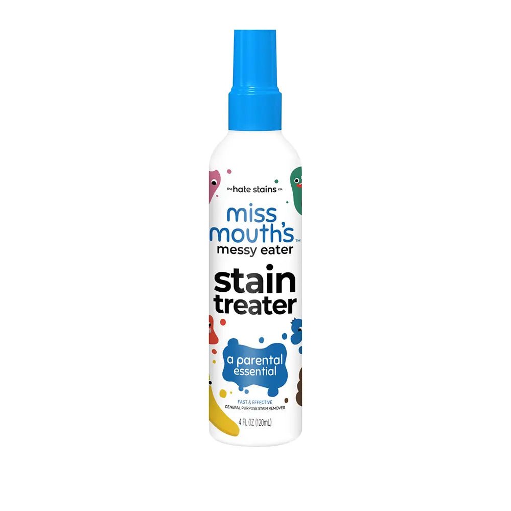 White bottle of stain remover spray with blue cap, labeled stain treater, 120ml size, on a plain white background.
