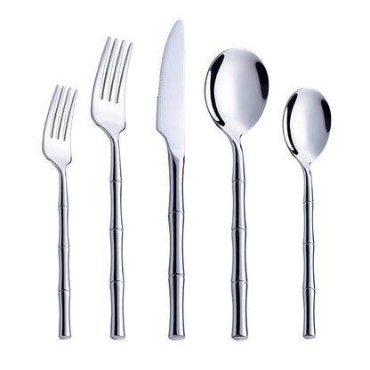 Elegant stainless silverware 18/10, featuring silver dinner fork, salad fork, dinner knive, soup spoon, and teaspoon.