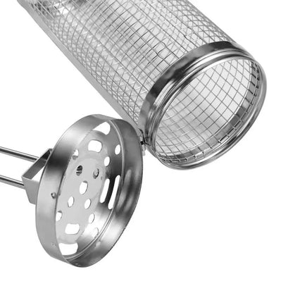 A cylindrical stainless steel grill basket with a mesh design and a detachable perforated lid is shown. The lid is open, revealing the spacious interior of the basket. The sturdy metal construction and the secure locking mechanism make it suitable for grilling small food items evenly without spillage.