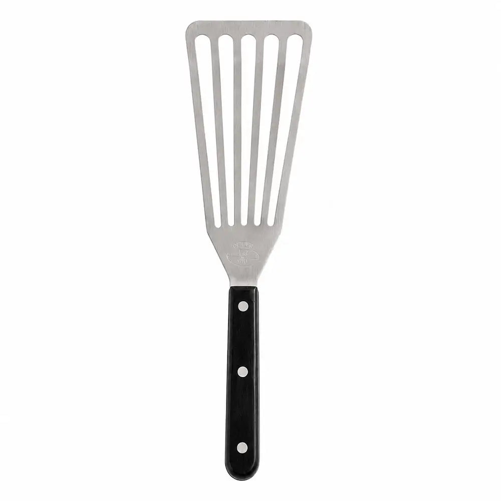 Stainless steel fish turner with a slotted metal blade and black riveted handle on a white background.