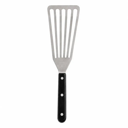 Stainless steel fish turner with a slotted metal blade and black riveted handle on a white background.