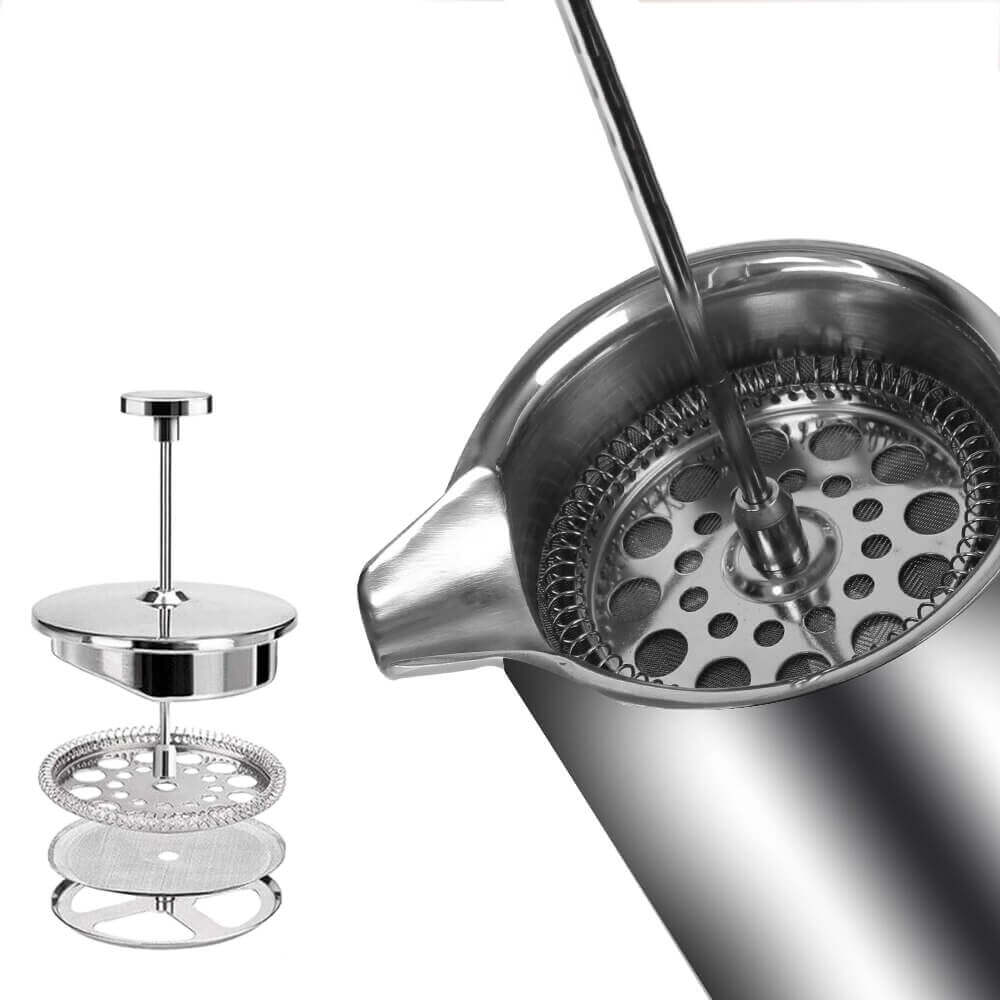 Stainless steel French coffee press showing internal filter parts and fine mesh for precise brewing.