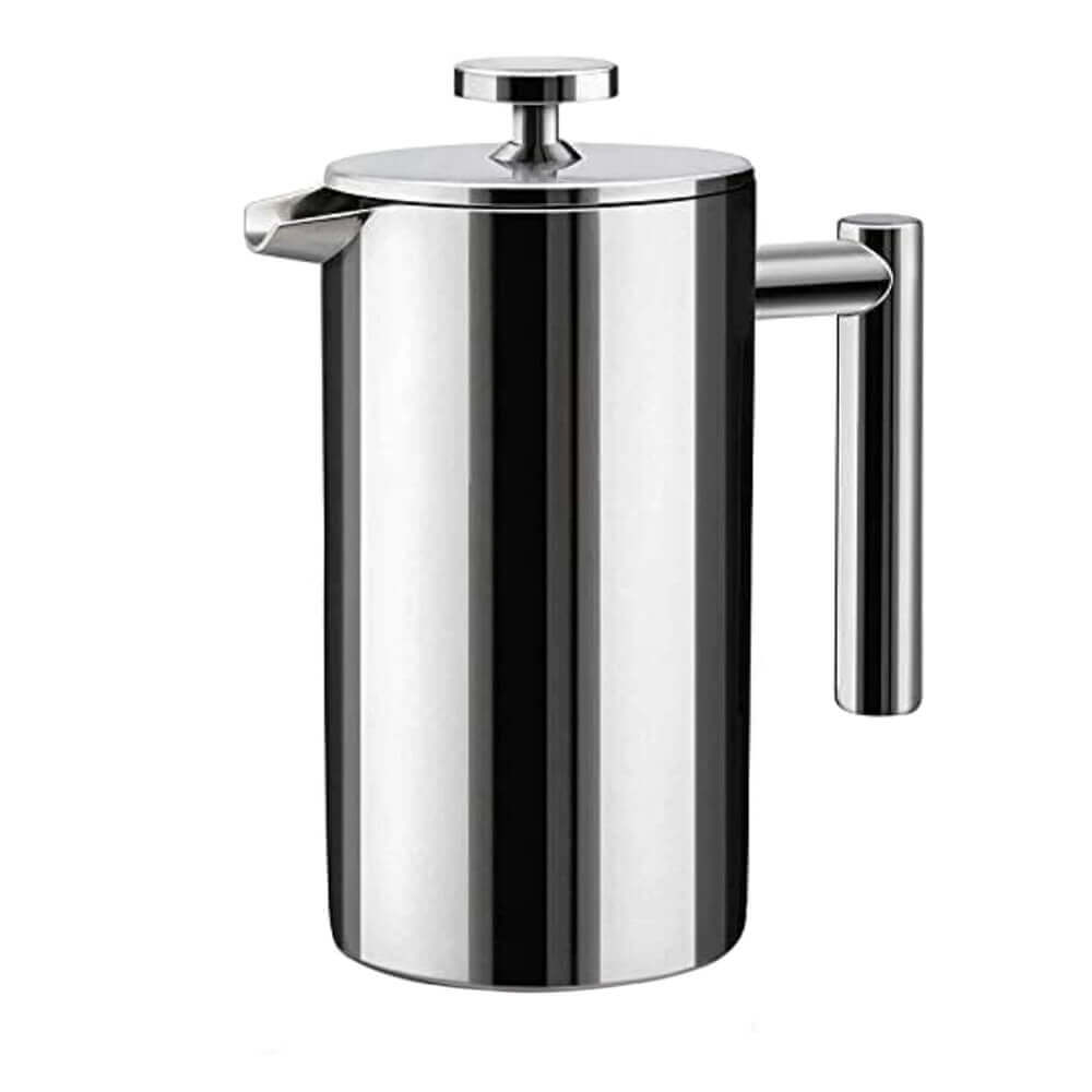 Stainless steel french press with sleek design, durable handle, and polished finish for brewing fresh coffee or tea.