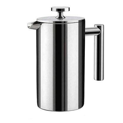 Stainless steel french press with sleek design, durable handle, and polished finish for brewing fresh coffee or tea.