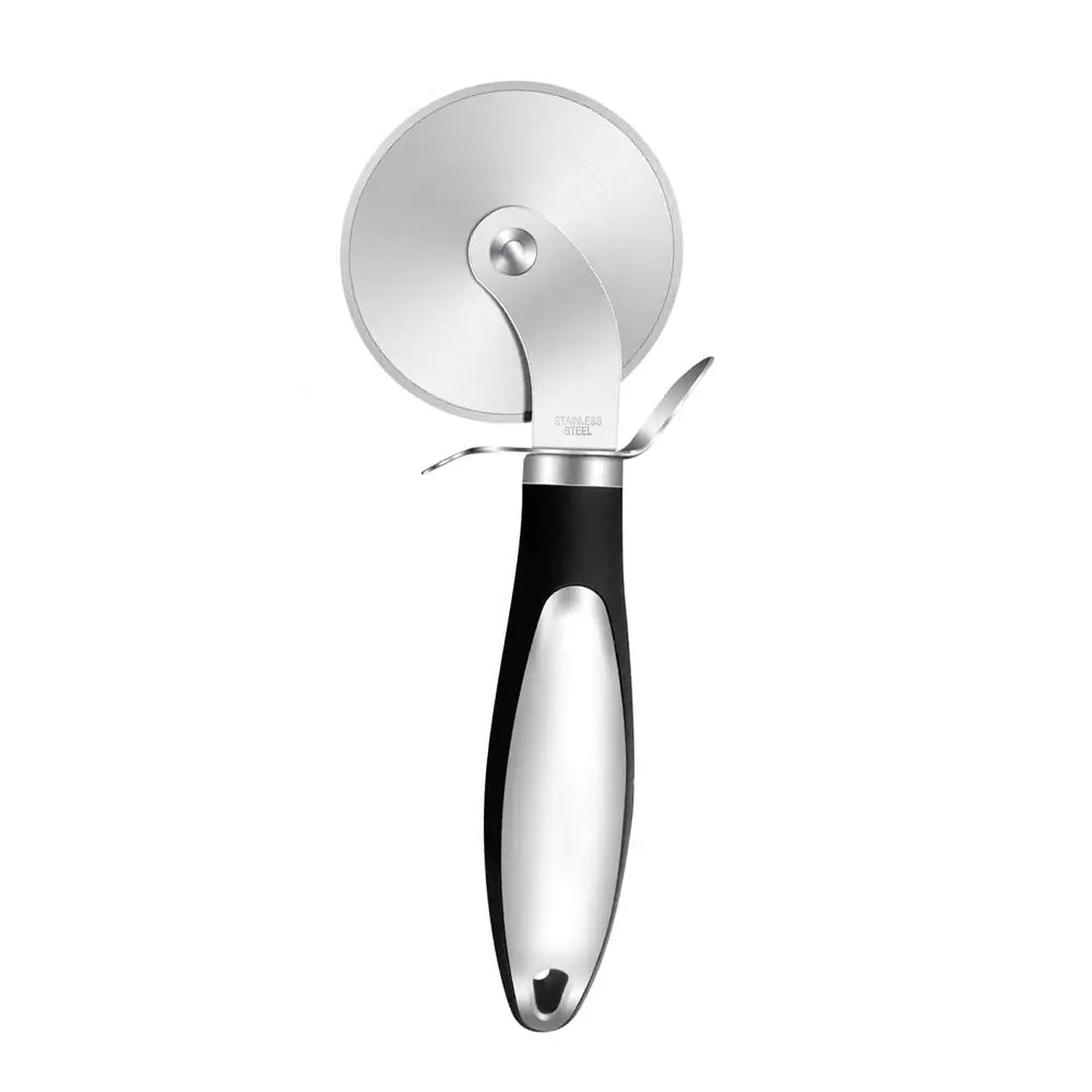 Stainless steel pizza cutter with sharp rotary blade and ergonomic handle, ideal for slicing thick or thin crust pizzas cleanly.
