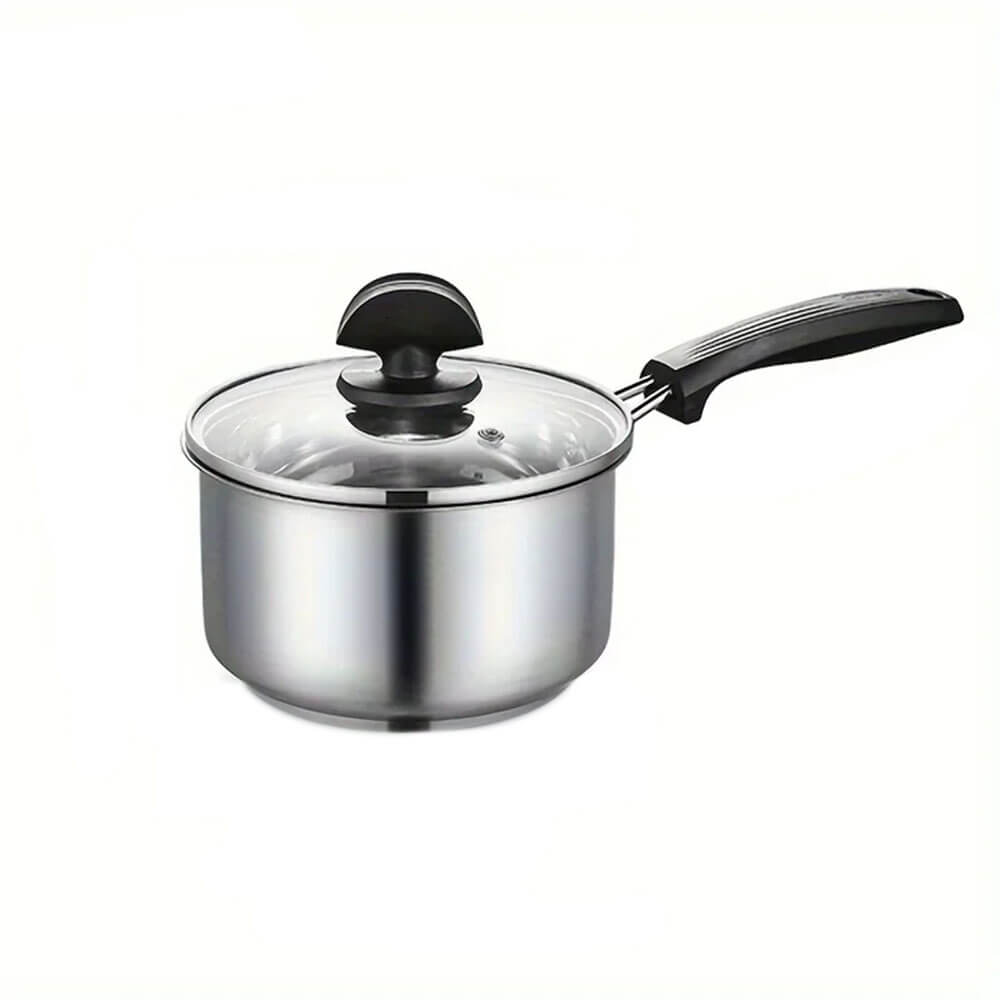 Stainless steel saucepan with glass lid and black handle, shown against a plain white background.