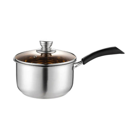 Stainless steel saucepan with lid, glass top and black handle, shown isolated on a white background.