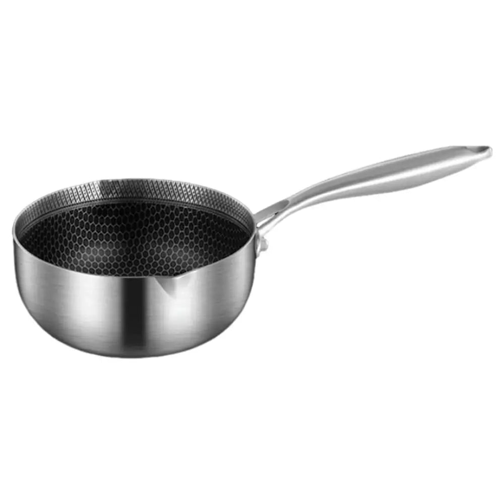 A stainless steel saucepan with a long handle and a honeycomb-patterned interior, shown on a plain white background.