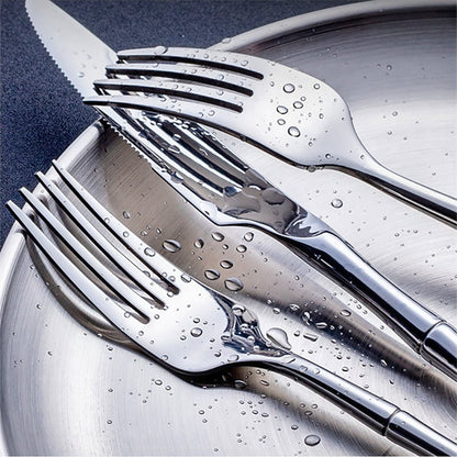 Stainless steel silverware, featuring silver dinner fork, salad fork, and dinner knives