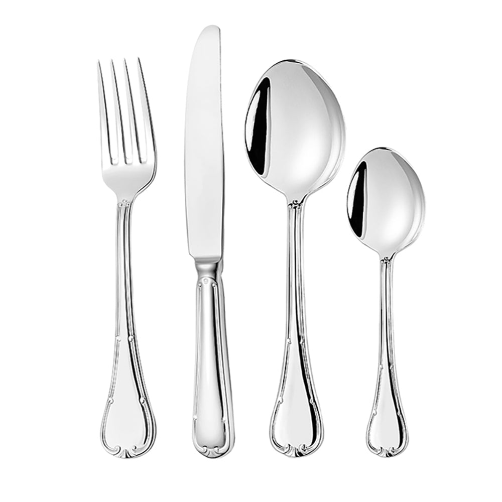 Stainless steel silverware set with dinner fork, dinner knife, soup spoon, and teaspoon for elegant dining.