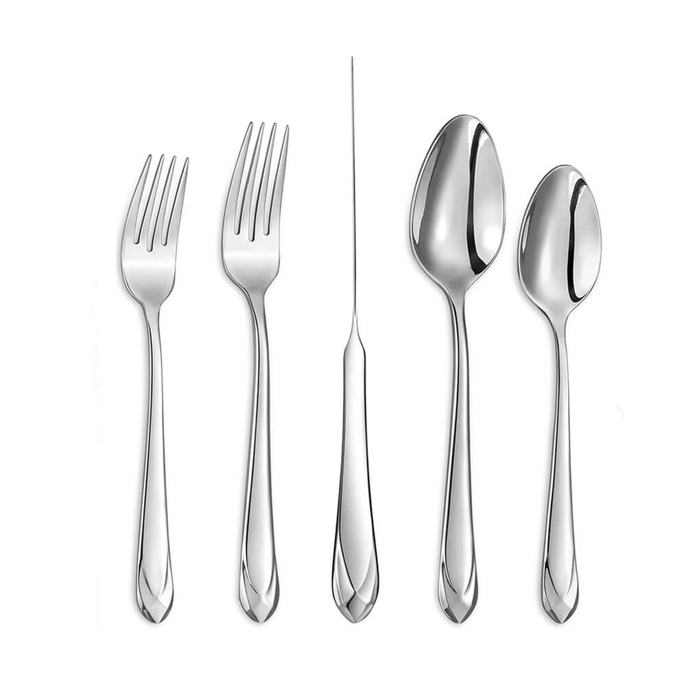 A stainless steel silverware set displayed on a white background, consisting of two forks, a knife, and two spoons. Each piece features a polished mirror finish with sleek, tapered handles and subtle detailing at the base, highlighting a clean and modern design.