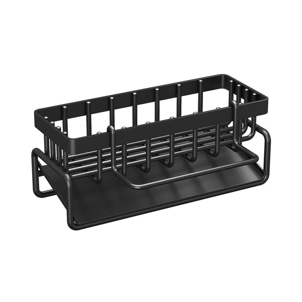 Black stainless steel sink caddy with self-draining base and ample storage for sponges and soap.