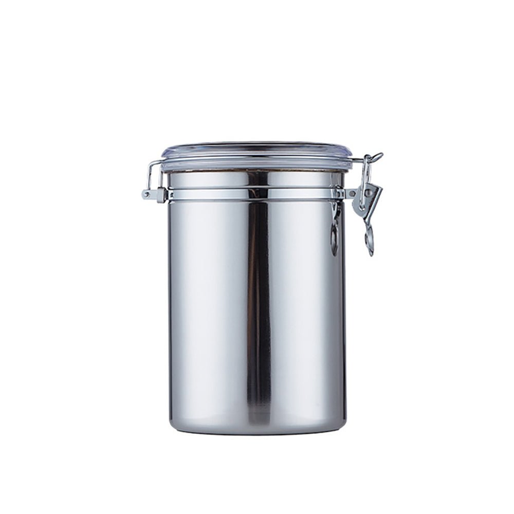 Stainless steel storage containers with airtight clamps, silicone gaskets, and clear lids.