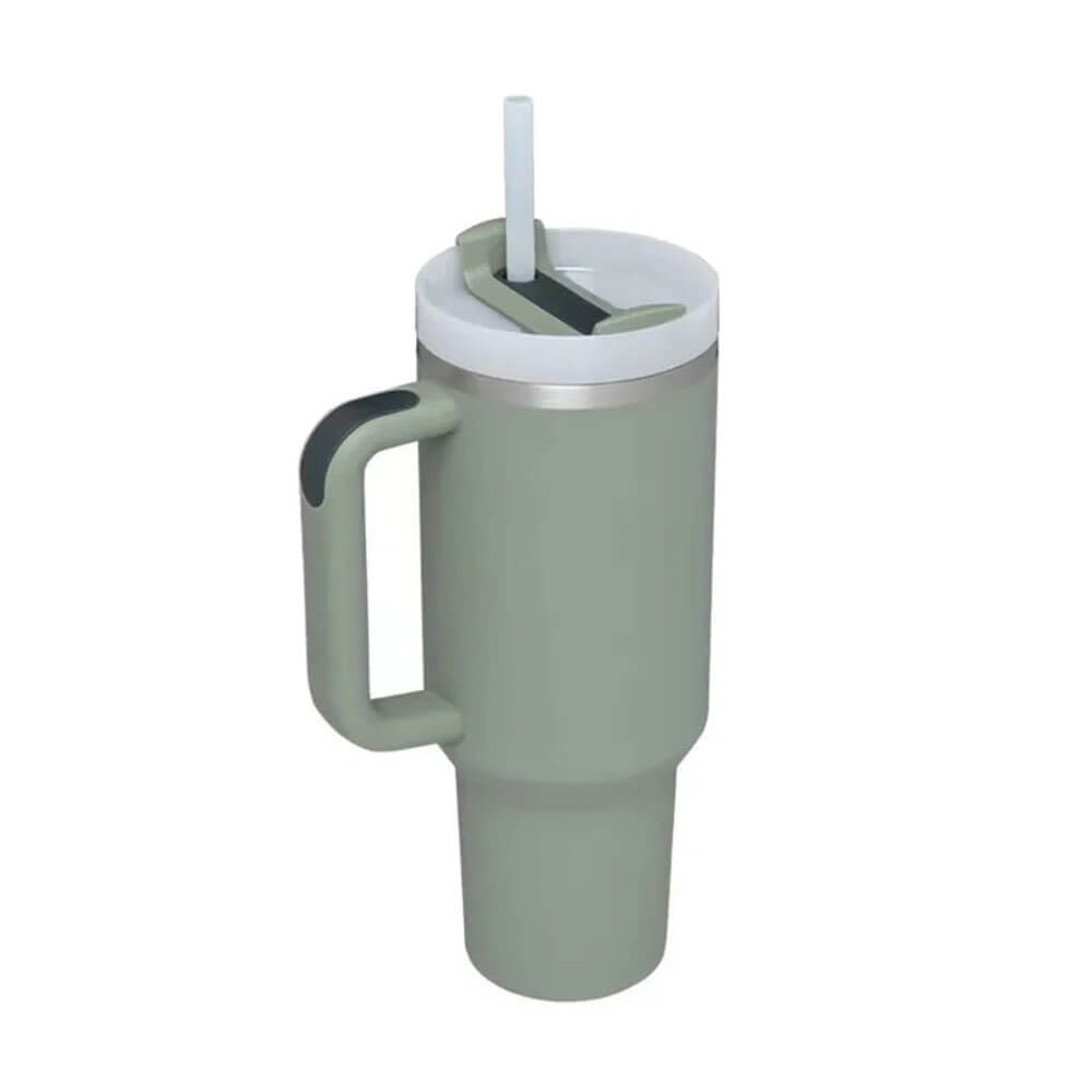 A sage green stainless steel tumbler with a straw featuring a sturdy handle and secure lid, perfect for keeping beverages hot or cold on the go.