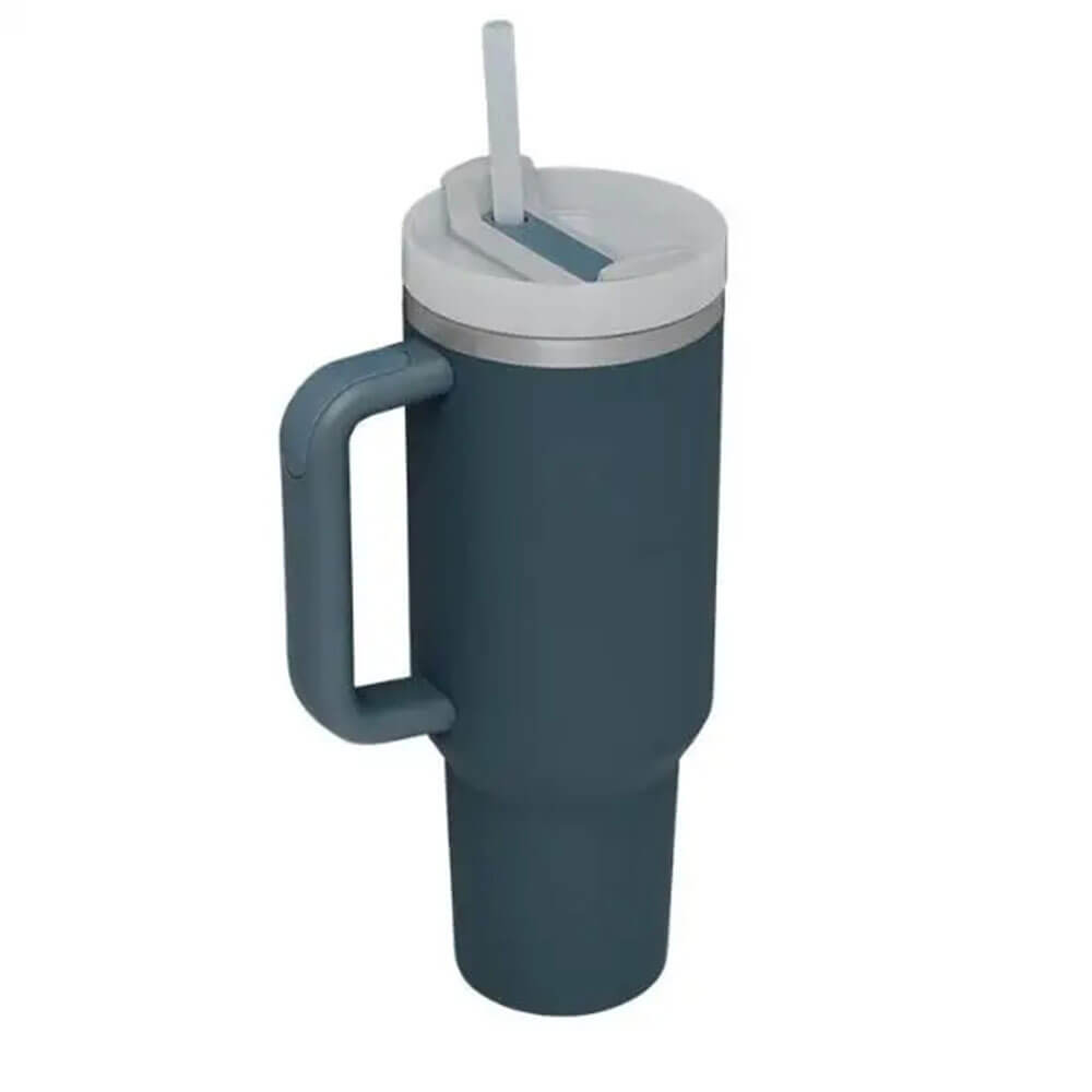 A navy blue stainless steel tumbler with a sturdy handle, secure lid, and straw, designed to keep drinks hot or cold, perfect for daily use or travel.