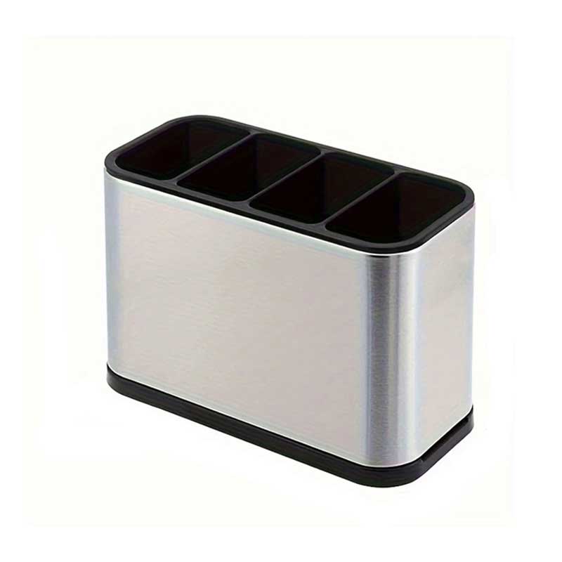 Stainless steel utensil holder with four compartments and black base, ideal for organizing cutlery and kitchen tools on countertop.