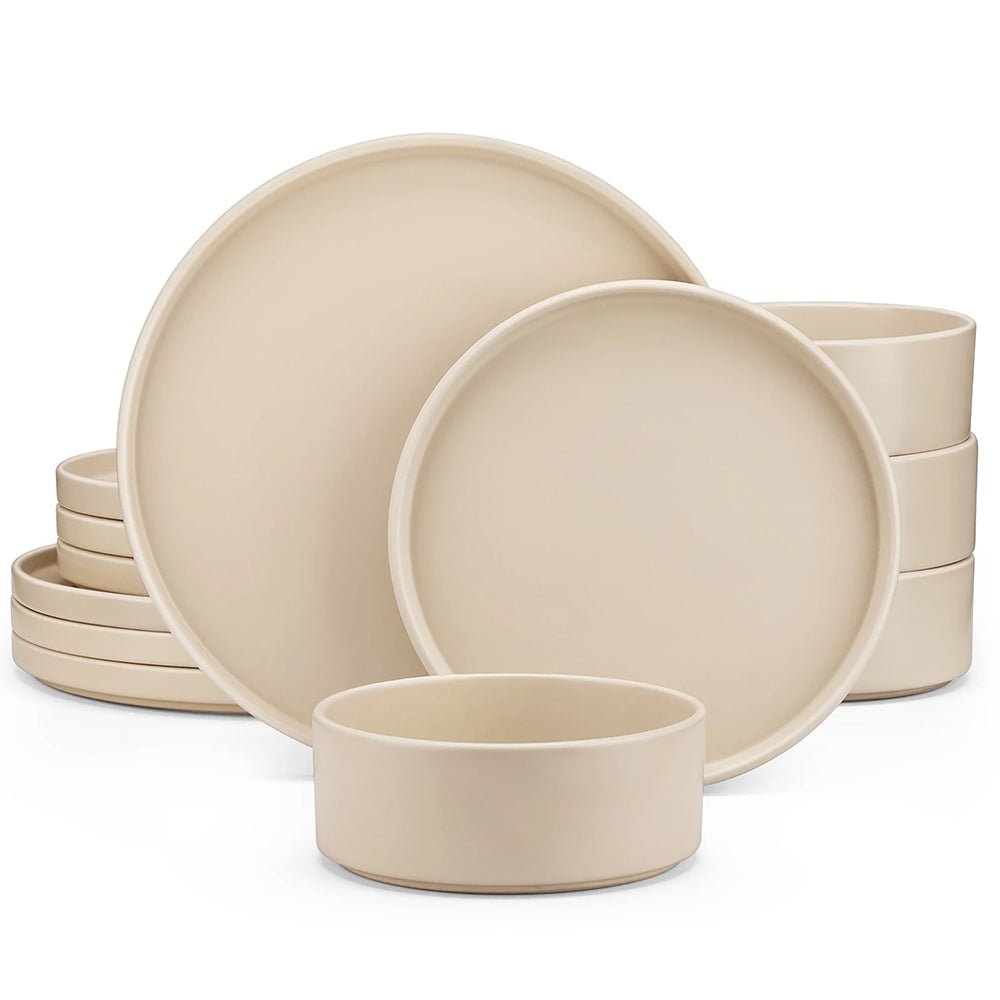 Elegant stoneware dinnerware set with a sleek design, perfect for any dining occasion.