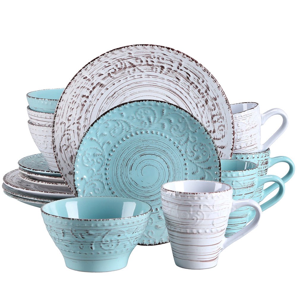 Elegant stoneware dinnerware sets with rain stripes, glossy finish, and embossed vine patterns.