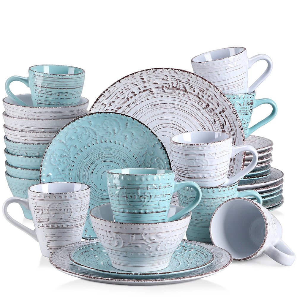 Stoneware dinnerware sets for 8, including dinner plates, salad plates, mugs, and pasta or cereal bowls.