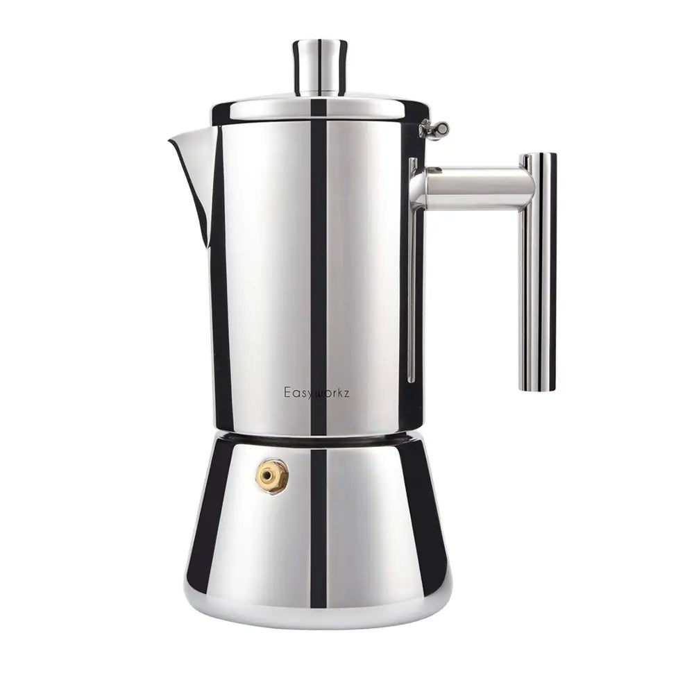 Stainless steel stovetop espresso maker standing upright on a white background showing handle, spout, and boiler base.