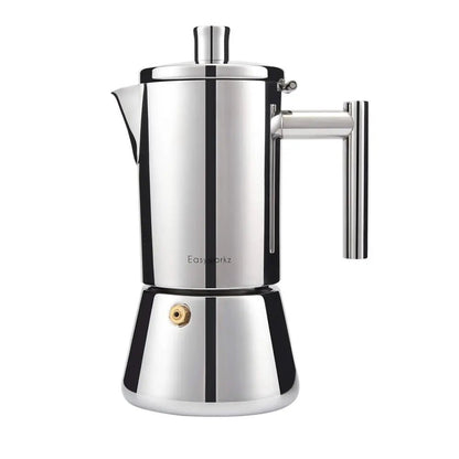 Stainless steel stovetop espresso maker standing upright on a white background showing handle, spout, and boiler base.