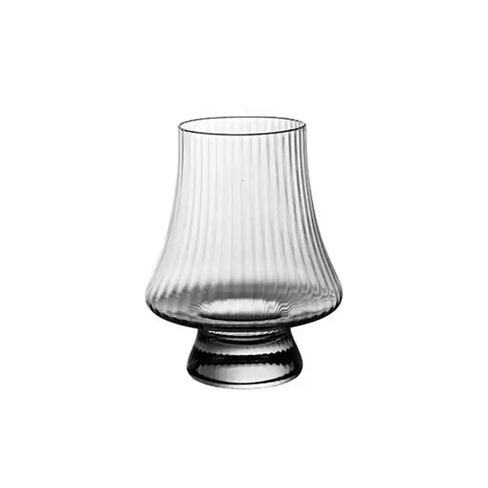 Clear crystal tasting glasses with a ribbed design, wide base, and gently tapered top set against a plain white background.