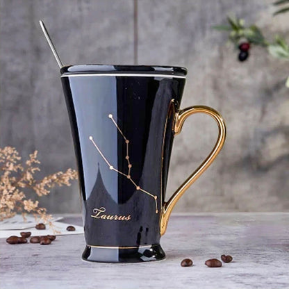 Stylish black Taurus zodiac mug with a golden handle, featuring a beautifully crafted Taurus constellation design and elegant script, ideal for astrology lovers and Taurus enthusiasts.