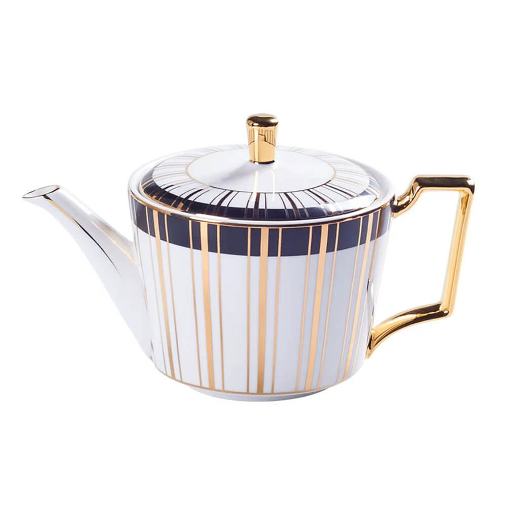 A sleek and elegant teapot from a tea cups and saucers set of 6, featuring a white porcelain base adorned with vertical black and gold stripes. The design is complemented by a gold-plated handle and lid knob, creating a luxurious and modern aesthetic, perfect for stylish tea service.