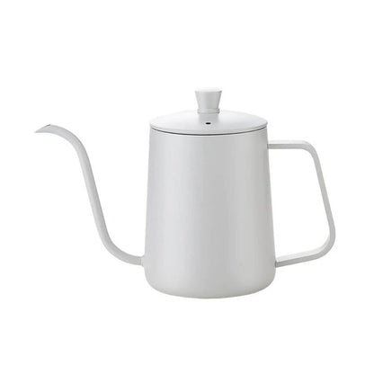 A minimalist white tea kettle for pour over coffee with a cylindrical body. It features a long, curved gooseneck spout for precise pouring, a straight, angular handle for a firm grip, and a lid with a small round knob on top.