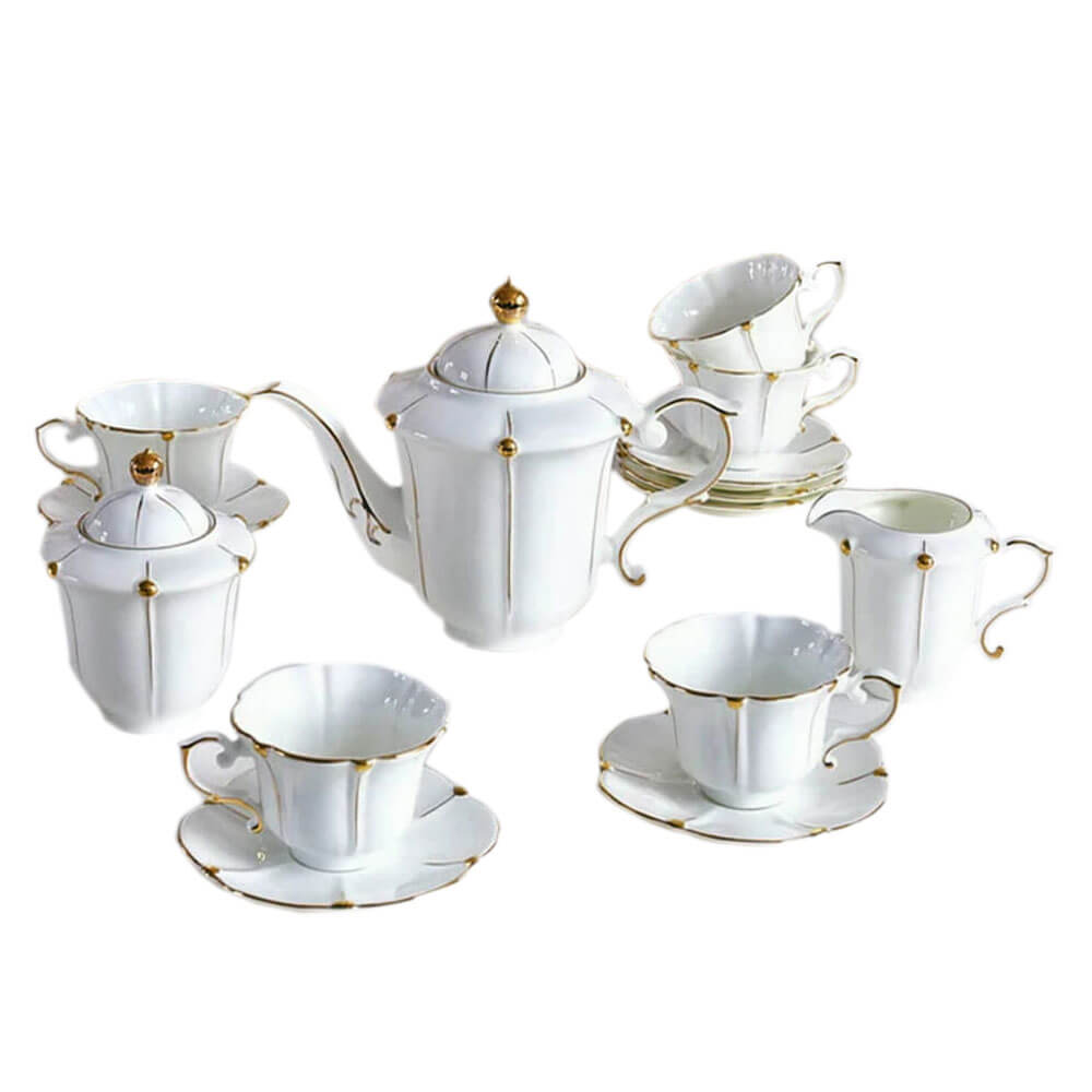 Luxurious white and gold tea set pack featuring a teapot, sugar jar, creamer, and six cups with matching saucers, perfect for elegant tea gatherings.