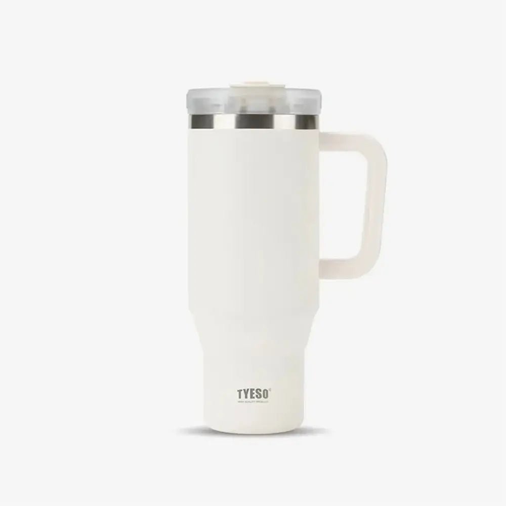 White TYESO thermal travel coffee mug with handle and clear lid on a plain background.